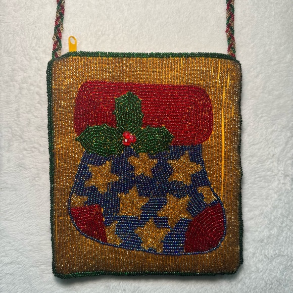 Vintage Handbags - Vintage Festive Holiday Beaded Stocking Crossbody Bag